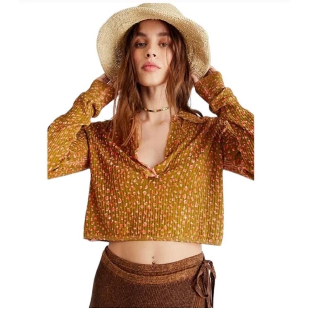 Free People Cherie‎ Moss Printed Cropped Knit Top